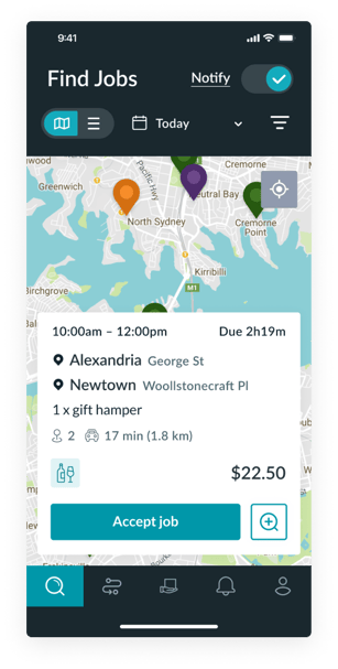Sherpa Driver App displaying delivery job details and fees