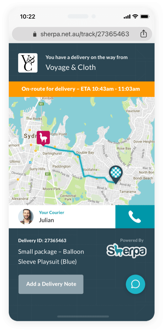 Sherpa Delivery Tracking via the mobile app